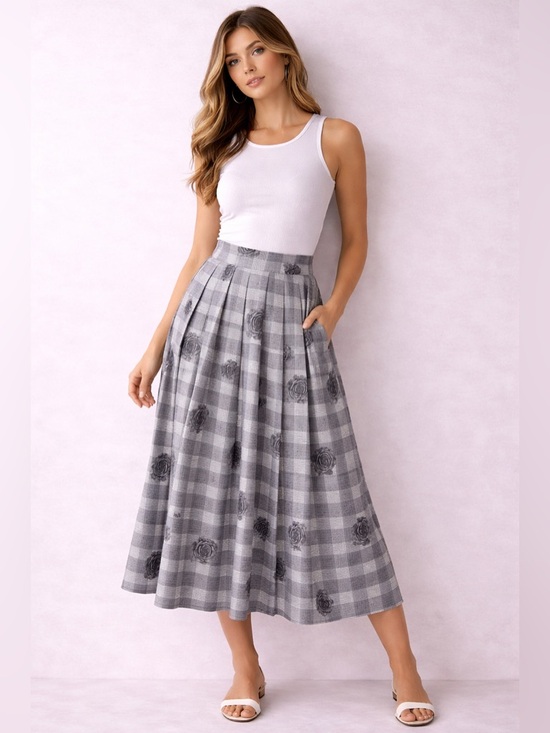 Dresses & Skirts - Gray Plaid Pleated Midi Skirt Rose Print High Waist Elegant